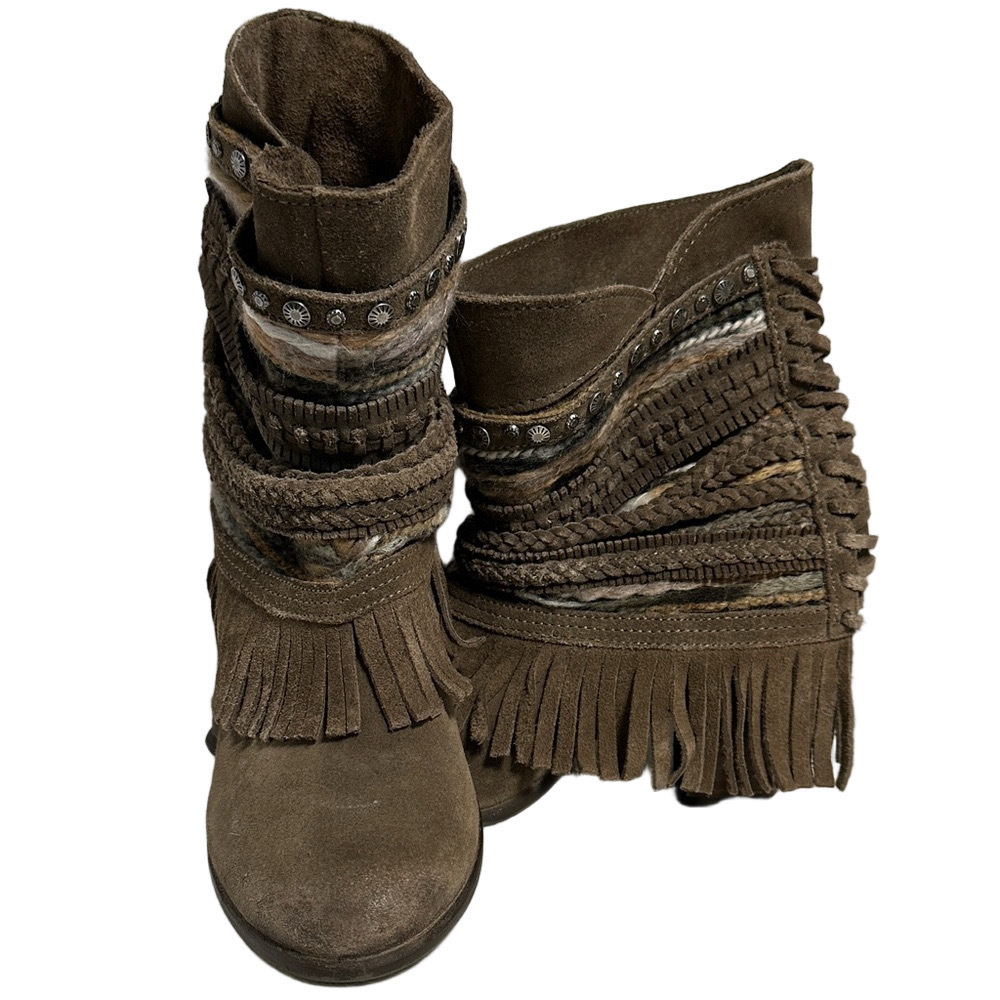 Naughty Monkey Brown Boho Western Fringe & Braided Ankle Boots Women’s Size 8
